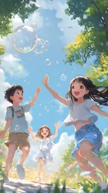Children chase floating bubbles under bright summer sky.