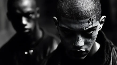 High-contrast portrait of brooding youth in noir close-up.