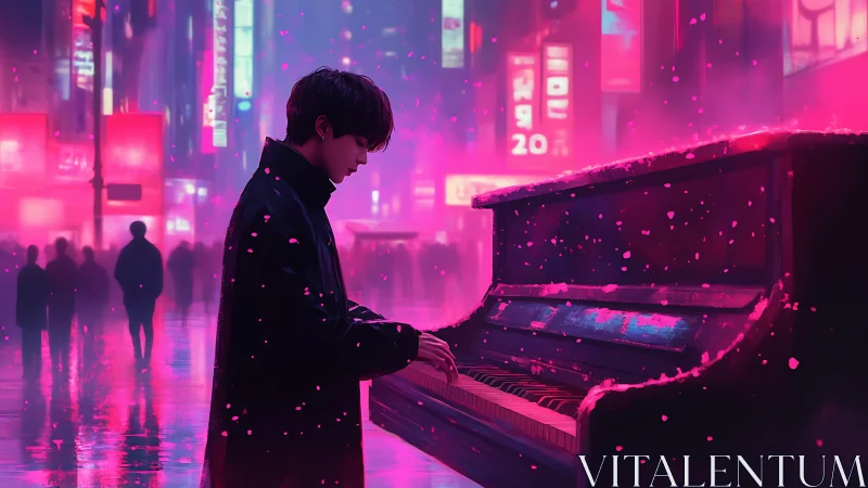 Solitary pianist performs under neon-lit city snowfall
