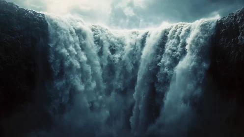 High-volume cataract waterfall under stormy overcast sky in motion