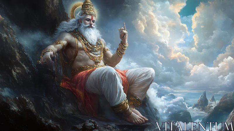 Divine sage seated among stormlit clouds and mountains.