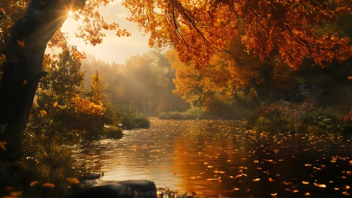 Sunlit autumn river scene presents layered foliage and water