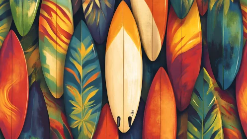 Surfboards stand vertically with multicolored abstract patterns