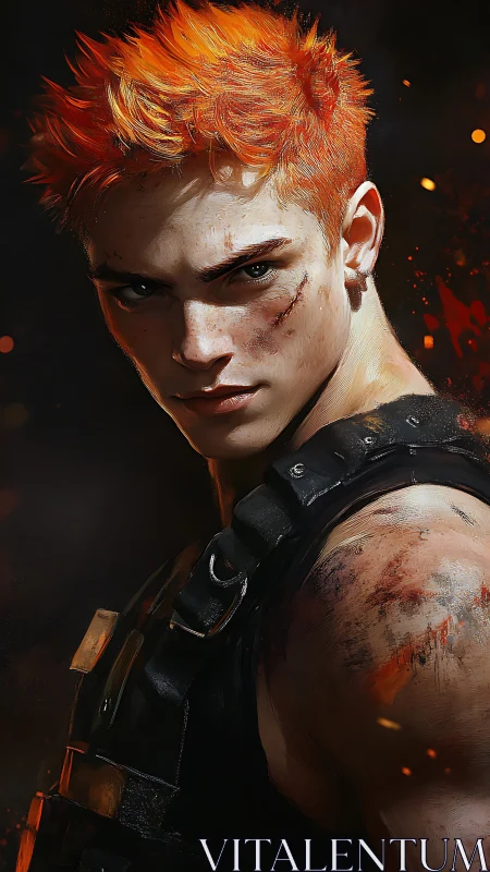 Fire-haired warrior pausing between battles with quiet resolve.