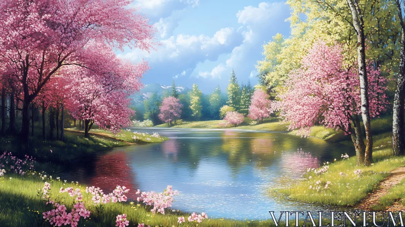 Spring river landscape shows pink blossom trees and reflections