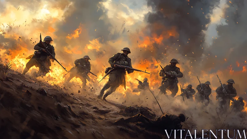 Infantry charge advances through incendiary battlefield chaos