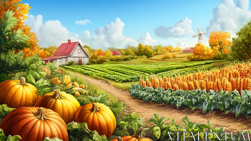 Autumn farm landscape with pumpkins and golden crop fields.
