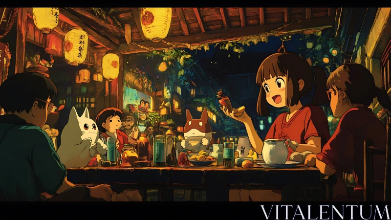 Night market dinner scene uses warm lantern lighting and anime shading