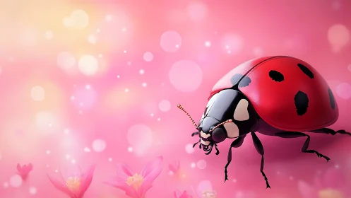 Ladybug rests on glowing pink bokeh flower field background