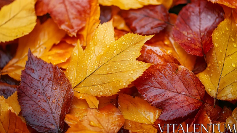Macro autumn foliage with dewdrops in rich chromatic layering.