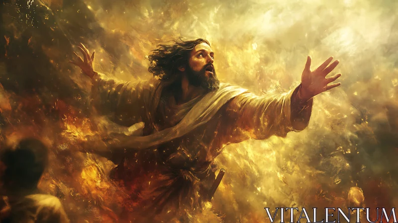 Radiant robed figure ascending through swirling golden fire.