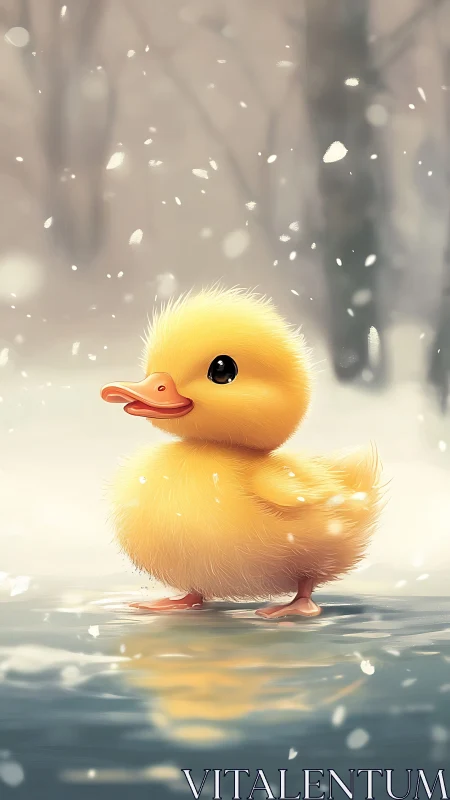 Fluffy yellow duckling on icy pond under soft snowfall.