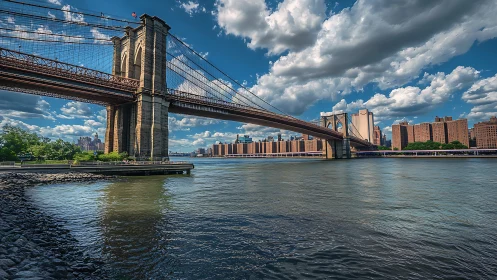 Brooklyn Bridge spanning East River with city skyline view.