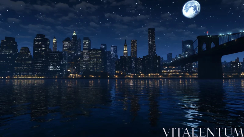 Moonlit city skyline glows gently above calm harbor water