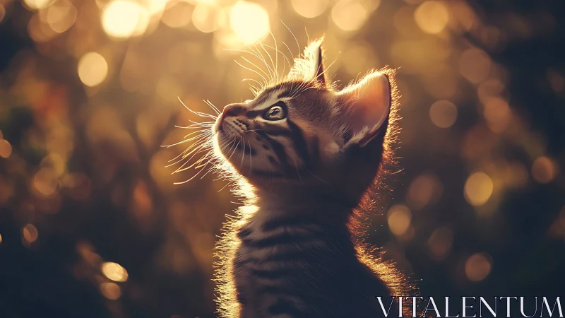 Backlit tabby kitten gazes upward into warm golden sunset light
