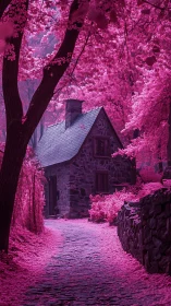 Stone cottage on path amid dense pink foliage landscape.