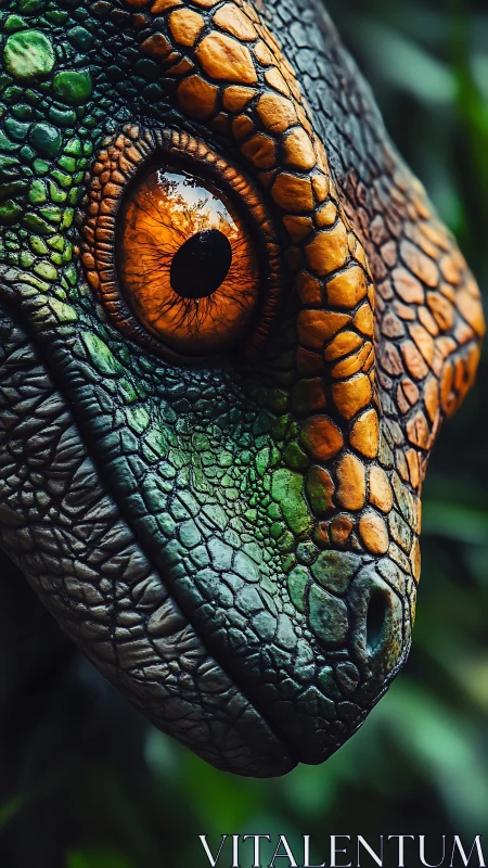 Reptile eye glows through intricate emerald scales closeup