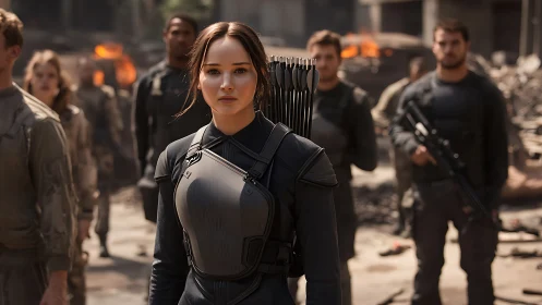 Armored archer leading tactical squad in post-blast ruins.