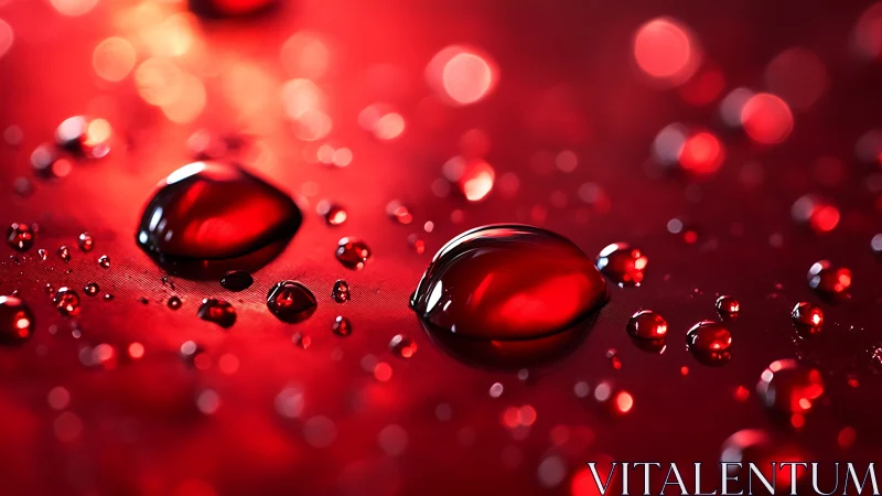 Red liquid droplets on reflective surface in sharp focus.