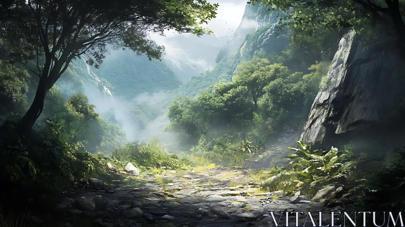 Misty Canyon Valley: Lush Mountain Gorge With Cascading Light.