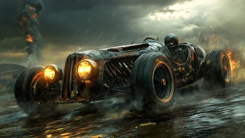 Retro armored race car charging through stormy battlefield.