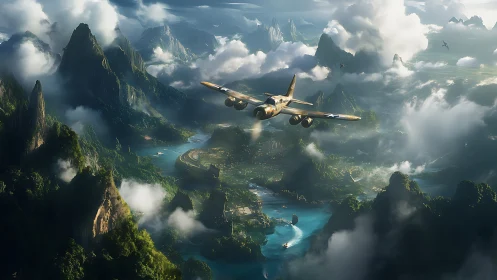 Warbird drifts above emerald archipelago of rising mist.