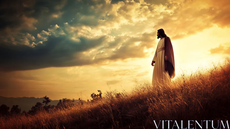 Golden evening walk shows a robed figure in quiet reflection