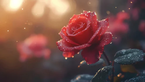 Red Rose in Dewdrops. Glowing Beauty.