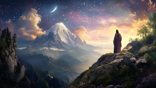 Stargazing wanderer greeting a glowing mountain twilight.