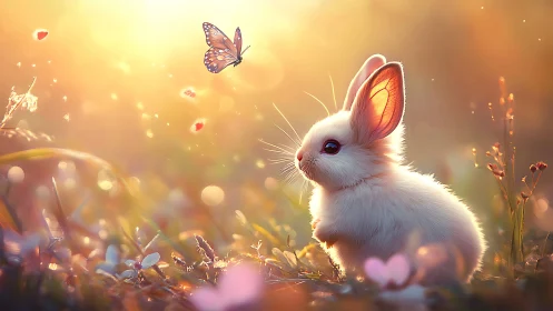 Gentle bunny and butterfly sharing a golden sunset moment.