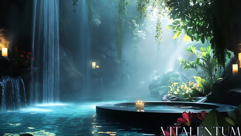 Tranquil jungle pool with waterfalls and candles.