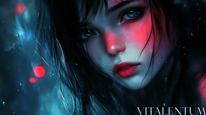 Moody cyberpunk girl gazes through neon drenched midnight rain