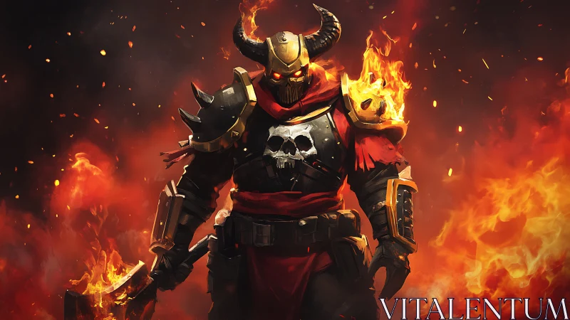 Flaming horned warlord strides through inferno of battle.