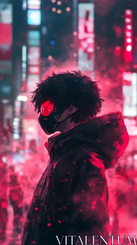 Masked figure stands in neon city fog under red lighting
