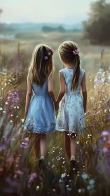 Two girls holding hands standing in wildflower field