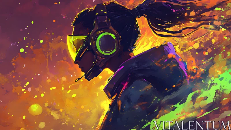 Neon dusk gamer draped in liquid light and hovering noise.