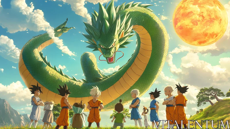Dragon and warriors gathered under bright sky scene.