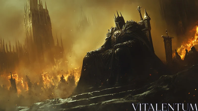 Dark armored king sits on throne amid burning fortress