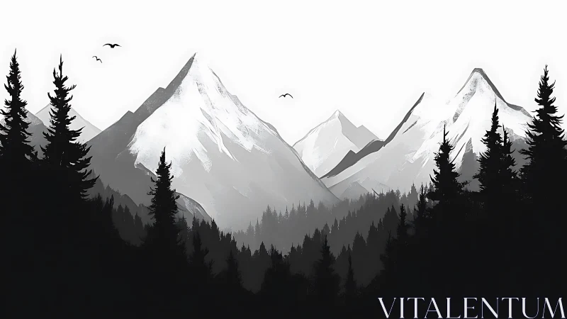 Monochrome conifer forest before layered alpine peaks.