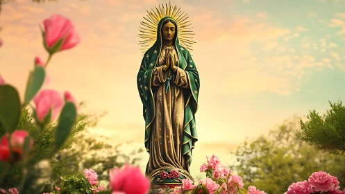 Polychrome Marian statue with halo rendered in soft sunset garden
