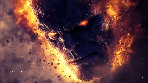 Volcanic infernal visage emerging through particulate firestorm.