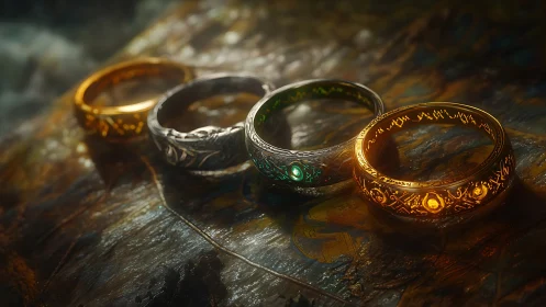 Four ornate fantasy rings aligned on textured surface.