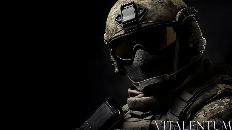 Tactical operator in low key lighting with digital camo and headset