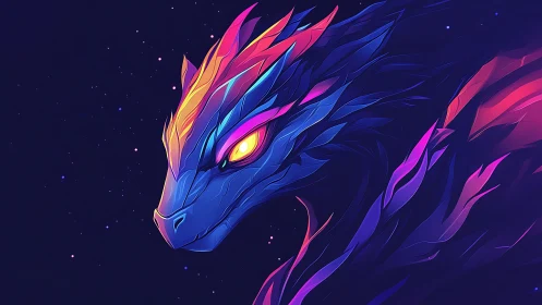 Neon dragon head illustration with abstract cosmic background.