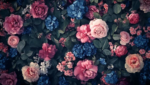 Floral composition with pink and blue blooms arranged densely on dark background.