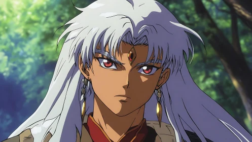 Silver-haired anime warrior gazes forward in forest light.