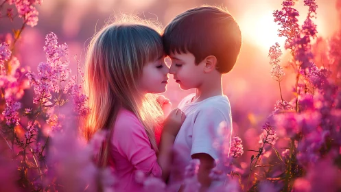 Children Embracing in Twilight Floral Field. Soft-focus romantic landscape.