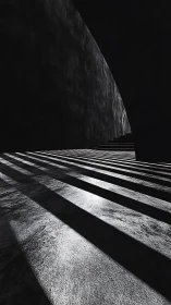 Monochrome concrete passage with striped light shadows.