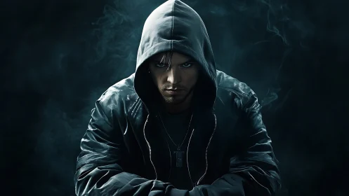 Hooded male subject sits centered in low key studio lighting