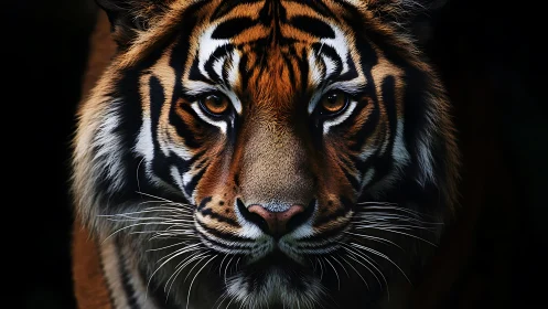 Tiger face fills frame under dark background with sharp focus